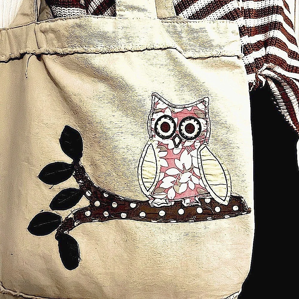 Vintage Mudd Patchwork Owl Tree Appliqué Two Handle Book Laptop Market Tote Bag